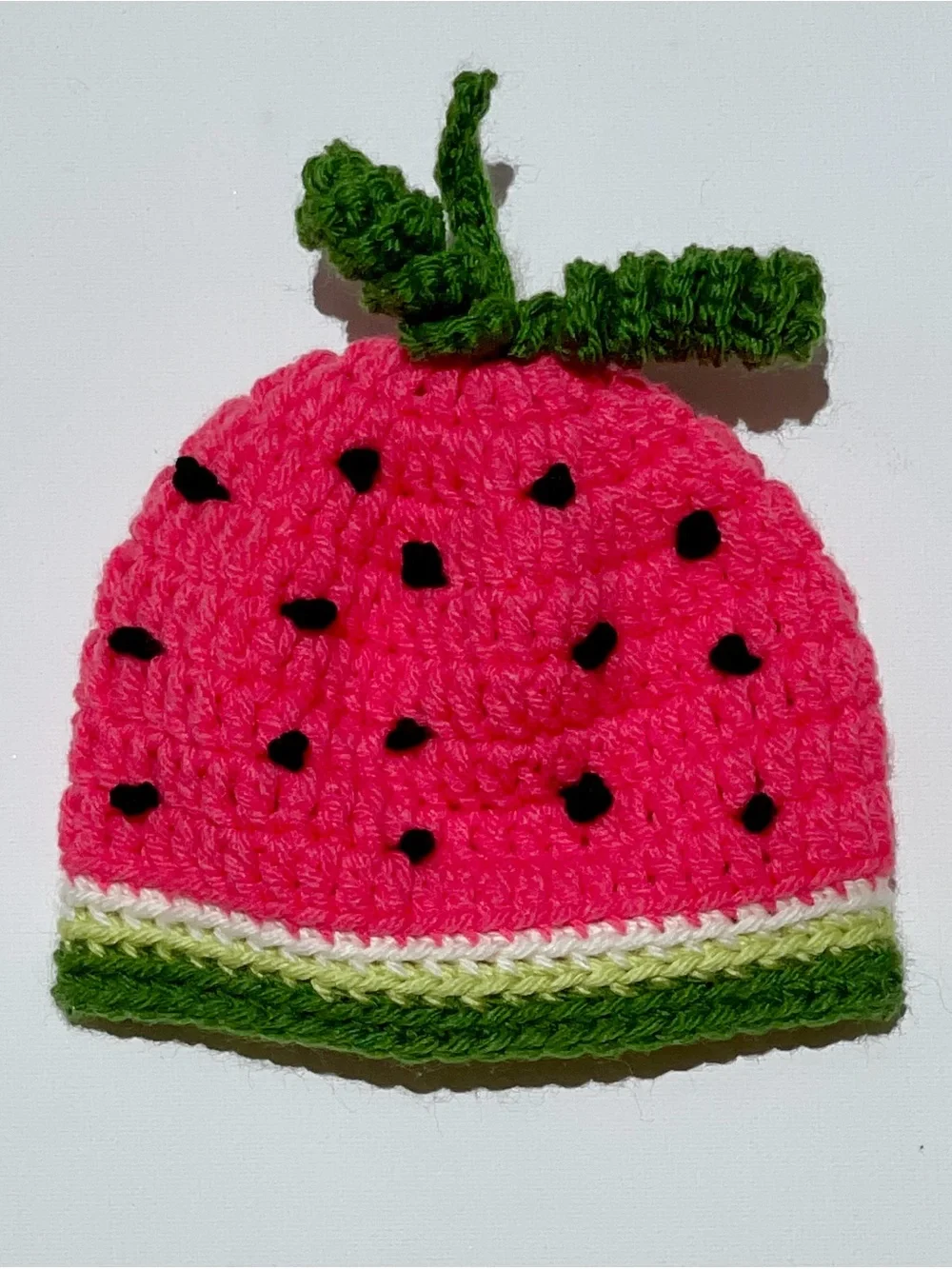 Handmade Pink Watermelon Crochet Baby Hat with Green Trim